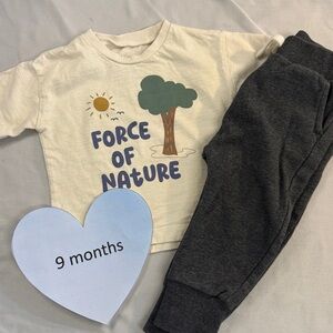 Little Planet/Earthlings - Kids Organic Cream Graphic Tee and Gray Joggers Set